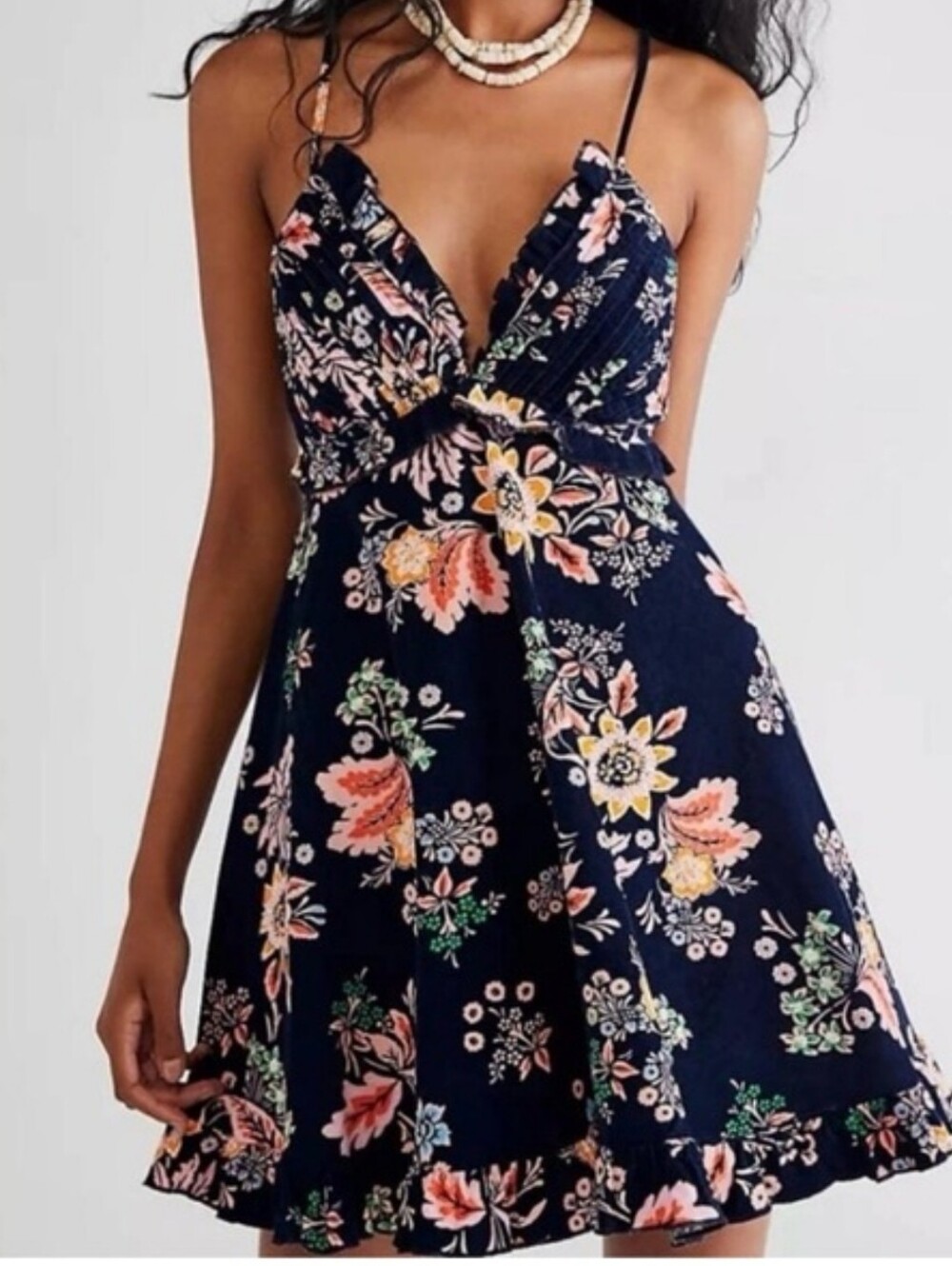 Free People NWT Navy Floral Mini Dress with Pink, Yellow & Green Flowers